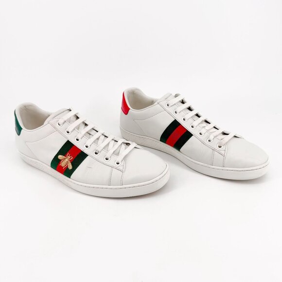 Gucci Ace Bee White Leather Low Top Sneakers Web Stripe Size 41 US 11 Women's - Picture 1 of 14